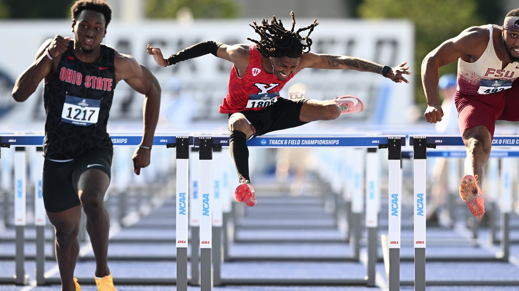 Micah Mitchell runs the 110m hurdles at the NCAA East Prelims