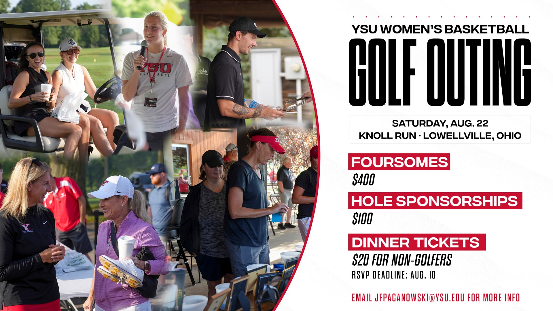 Five photos in a collage from the YSU women's basketball golf outing in 2025. Text on the right side includes the date and location - Aug. 22, 2026, at Knoll Run - and the cost for foursomes ($400), hole sponsorships ($100) and dinner tickets ($20)