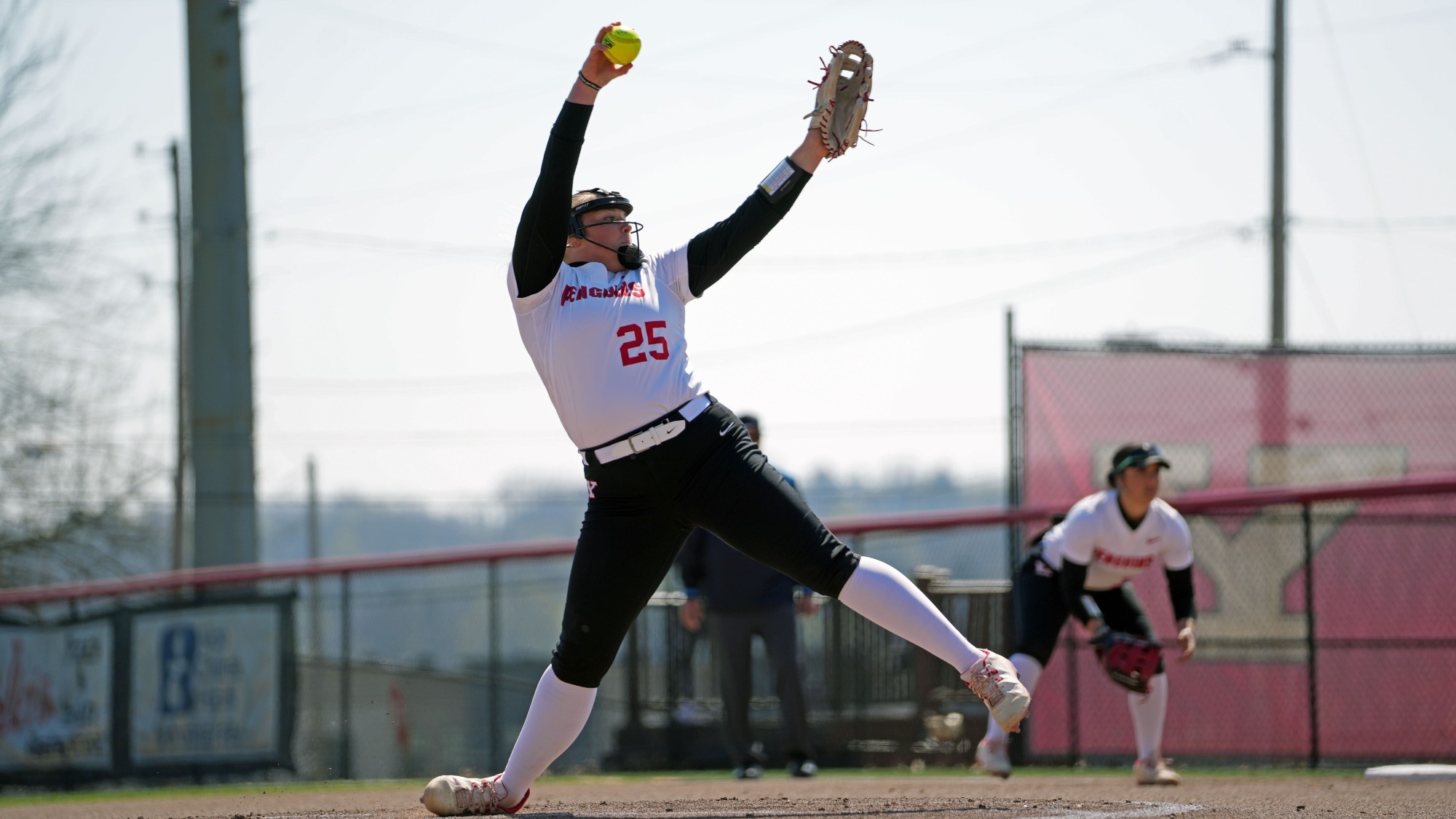 Kennedy Kimball fires a pitch against St. Bonaventure on April 8, 2026