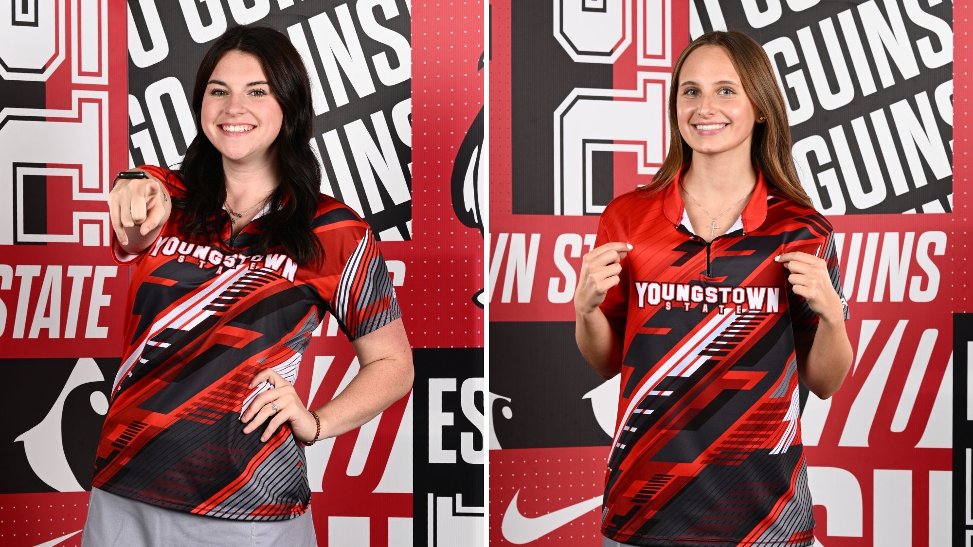 Combination: Kara Beissel point at the camera on the left, and Amy Chrzanowski holds up her jersey on the right