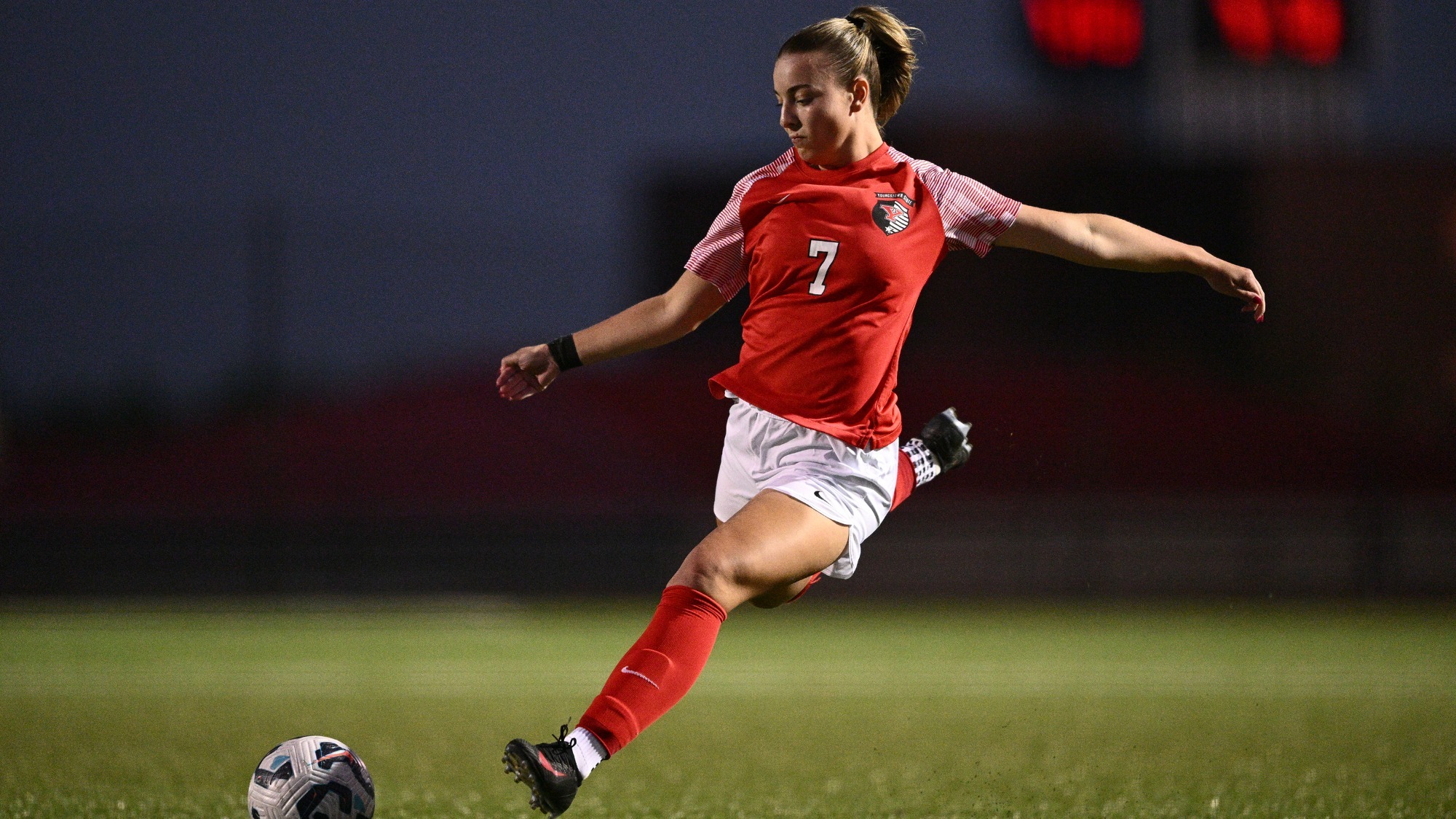 Eva Sunjevaric kicks a soccer ball during a match in the fall of 2025
