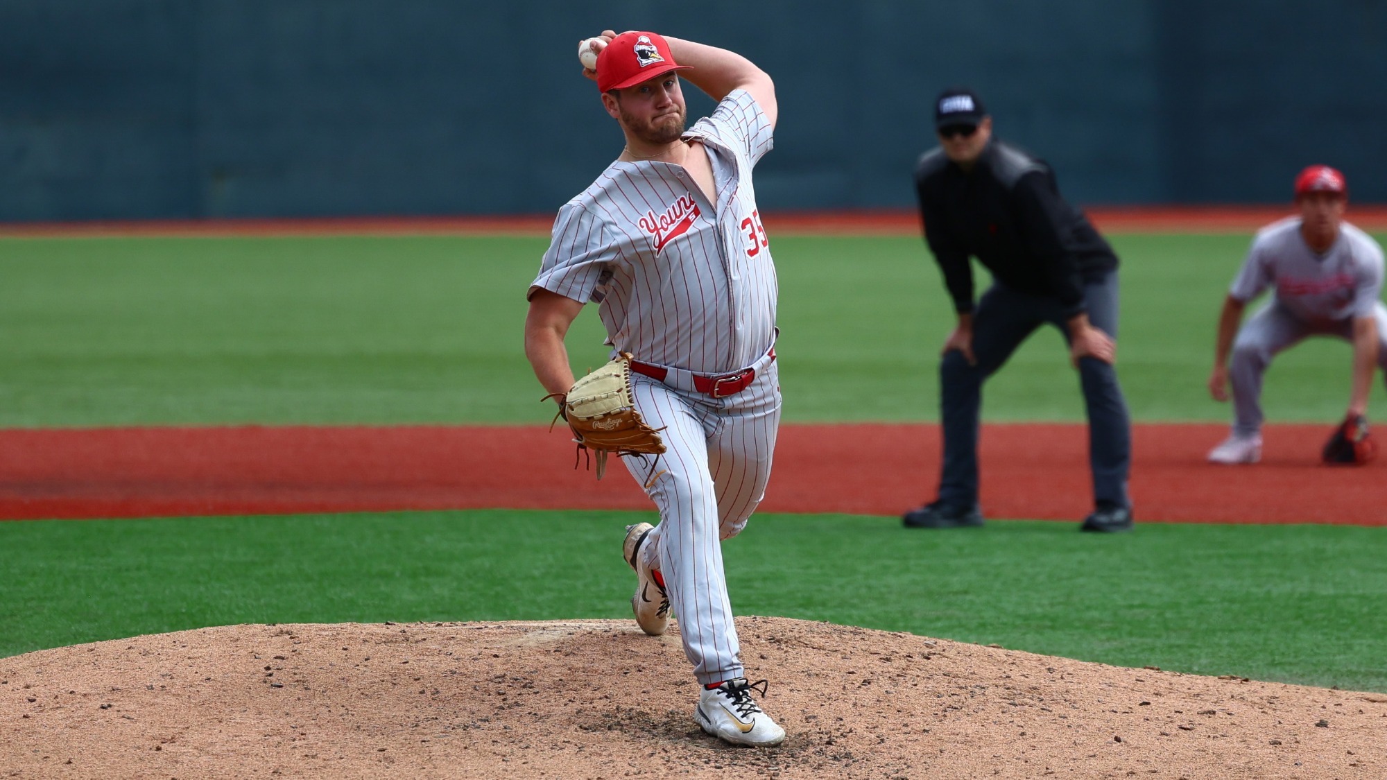 Braden Gebhardt delivers a pitch for YSU during a baseball game at Wright State on May 14, 2026 (Photo by Bryson Chavez)