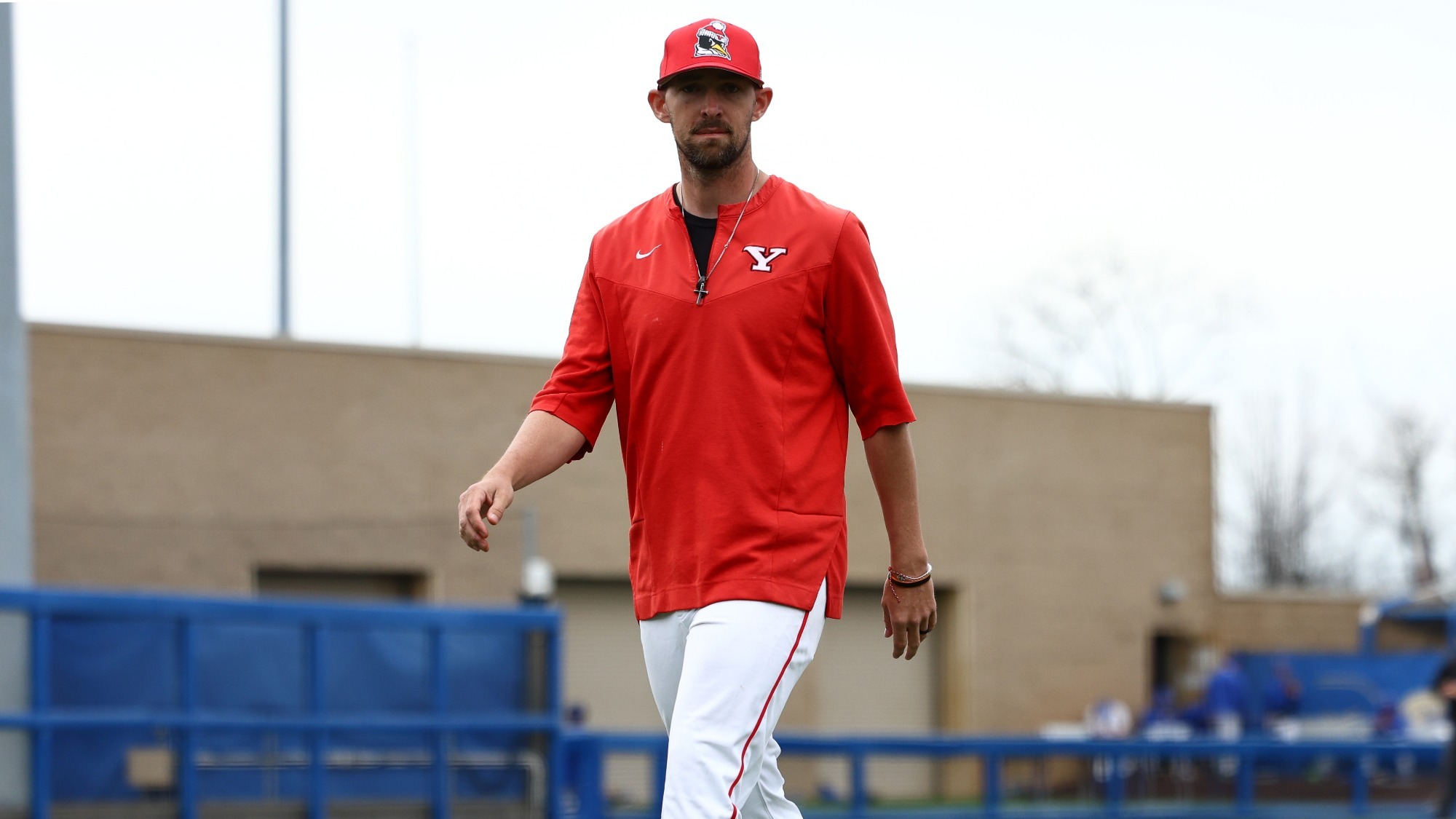 Head Coach Trevor Charpie walks to YSU's dugout during a baseball game at Pitt on March 25, 2026 (Photo by Bryson Chavez)